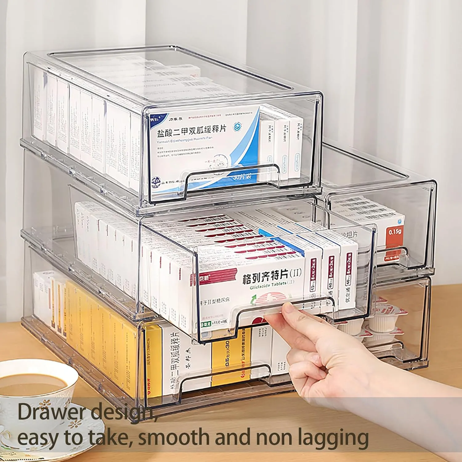 2 Pack - Clear Pulling Medicine Drawer First Aid Kit Box for Bathroom, Cabinet, Closet,Medicine Organizer, Medicine Storage Box Adhesive Bandages Family Emergency Kit (L drawer)