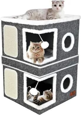 2-Story Cat House for Indoor Cats, Dual-Purpose Cave Bed with Scratch Pad and Fluffy Ball, Foldable Cat Hideaway, Cute Condo Furniture for Multi Small Pet Kitten, Grey