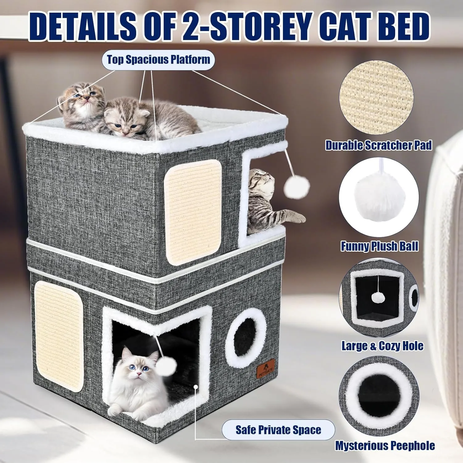 2-Story Cat House for Indoor Cats, Dual-Purpose Cave Bed with Scratch Pad and Fluffy Ball, Foldable Cat Hideaway, Cute Condo Furniture for Multi Small Pet Kitten, Grey