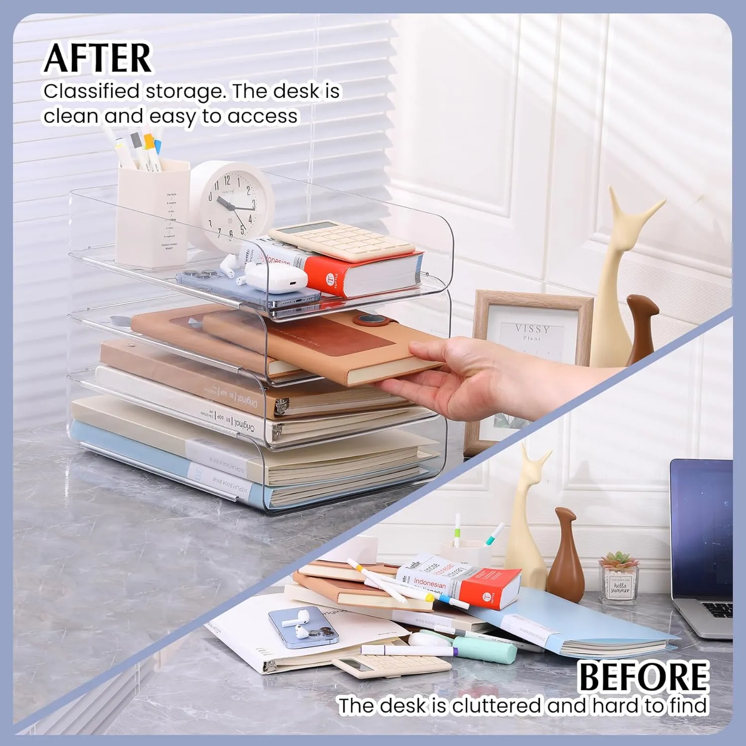 4 Pack Stackable Paper Letter Tray, Clear File Organizer for Desk, Office Organizer and Storage for Desk Accessories, Notes, Books, File Paper, Document