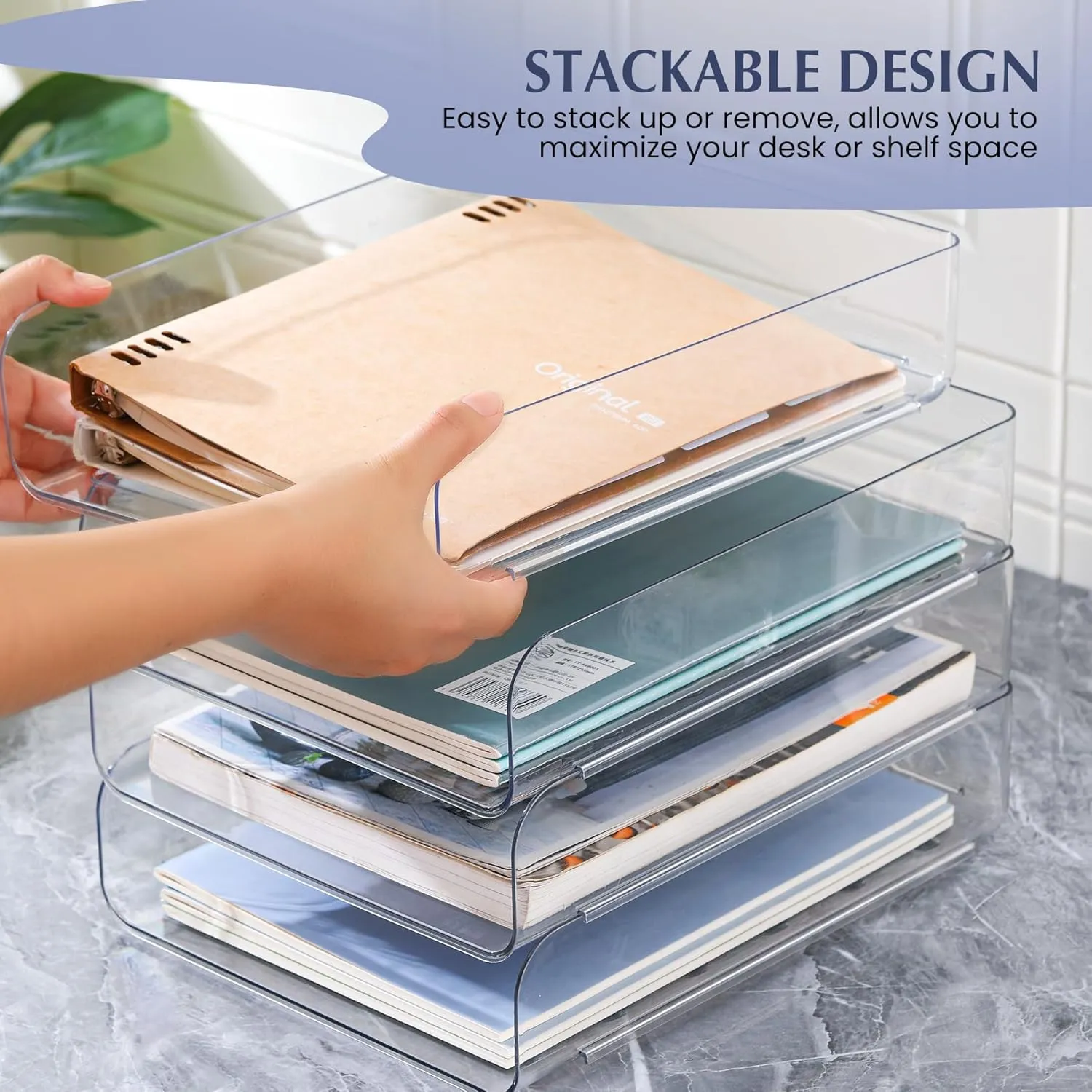 4 Pack Stackable Paper Letter Tray, Clear File Organizer for Desk, Office Organizer and Storage for Desk Accessories, Notes, Books, File Paper, Document