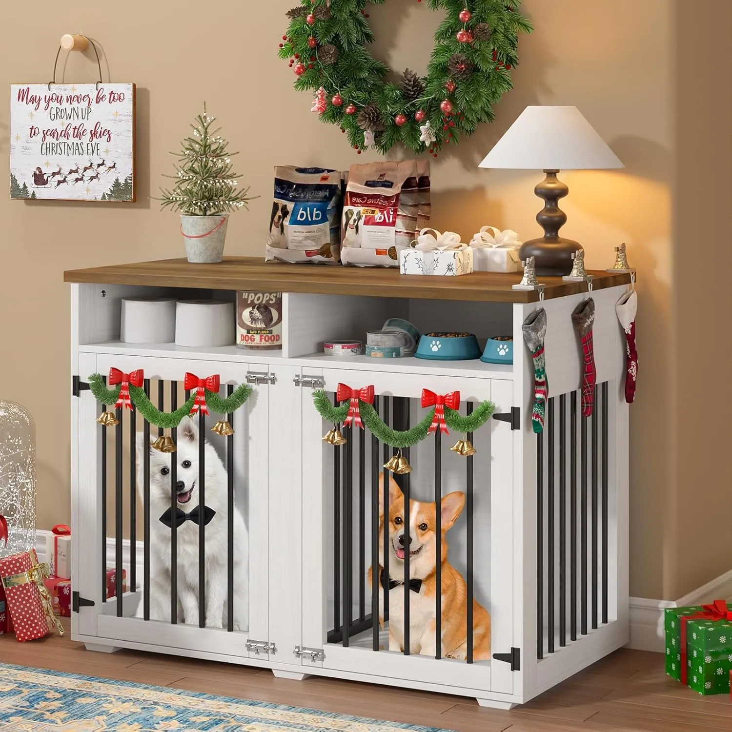 41 inch Dog Crate Furniture for 2 Dogs, Wooden Dog Cage with Storage Compartment, Indoor Dog Kennel with 2 Doors for Medium/Small Dogs, White