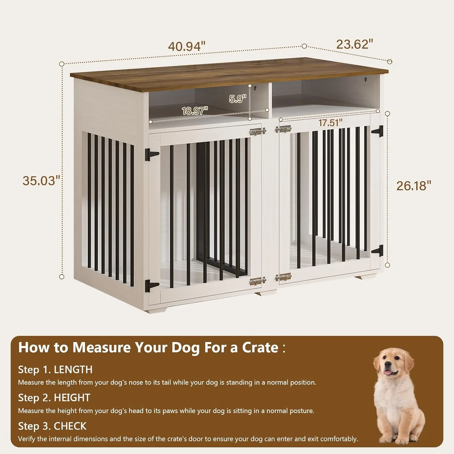 41 inch Dog Crate Furniture for 2 Dogs, Wooden Dog Cage with Storage Compartment, Indoor Dog Kennel with 2 Doors for Medium/Small Dogs, White