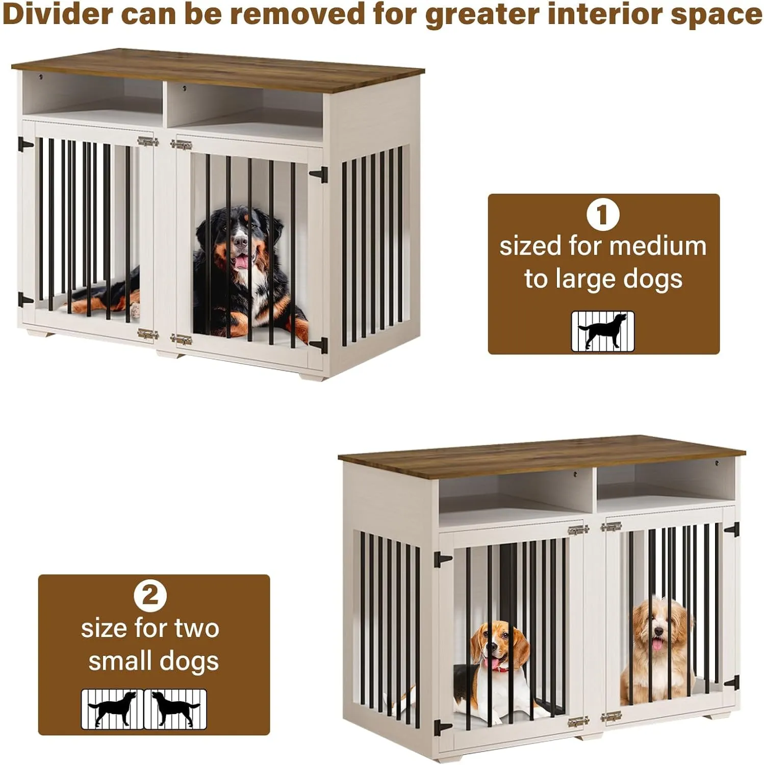 41 inch Dog Crate Furniture for 2 Dogs, Wooden Dog Cage with Storage Compartment, Indoor Dog Kennel with 2 Doors for Medium/Small Dogs, White