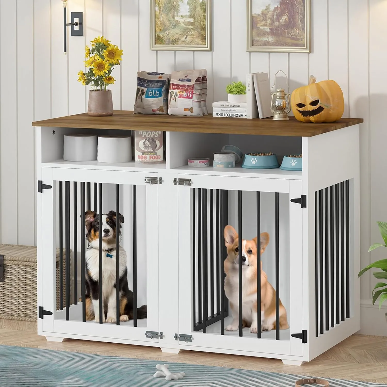 41 inch Dog Crate Furniture for 2 Dogs, Wooden Dog Cage with Storage Compartment, Indoor Dog Kennel with 2 Doors for Medium/Small Dogs, White