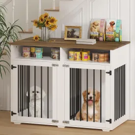 41 inch Dog Crate Furniture for 2 Dogs, Wooden Dog Cage with Storage Compartment, Indoor Dog Kennel with 2 Doors for Medium/Small Dogs, White