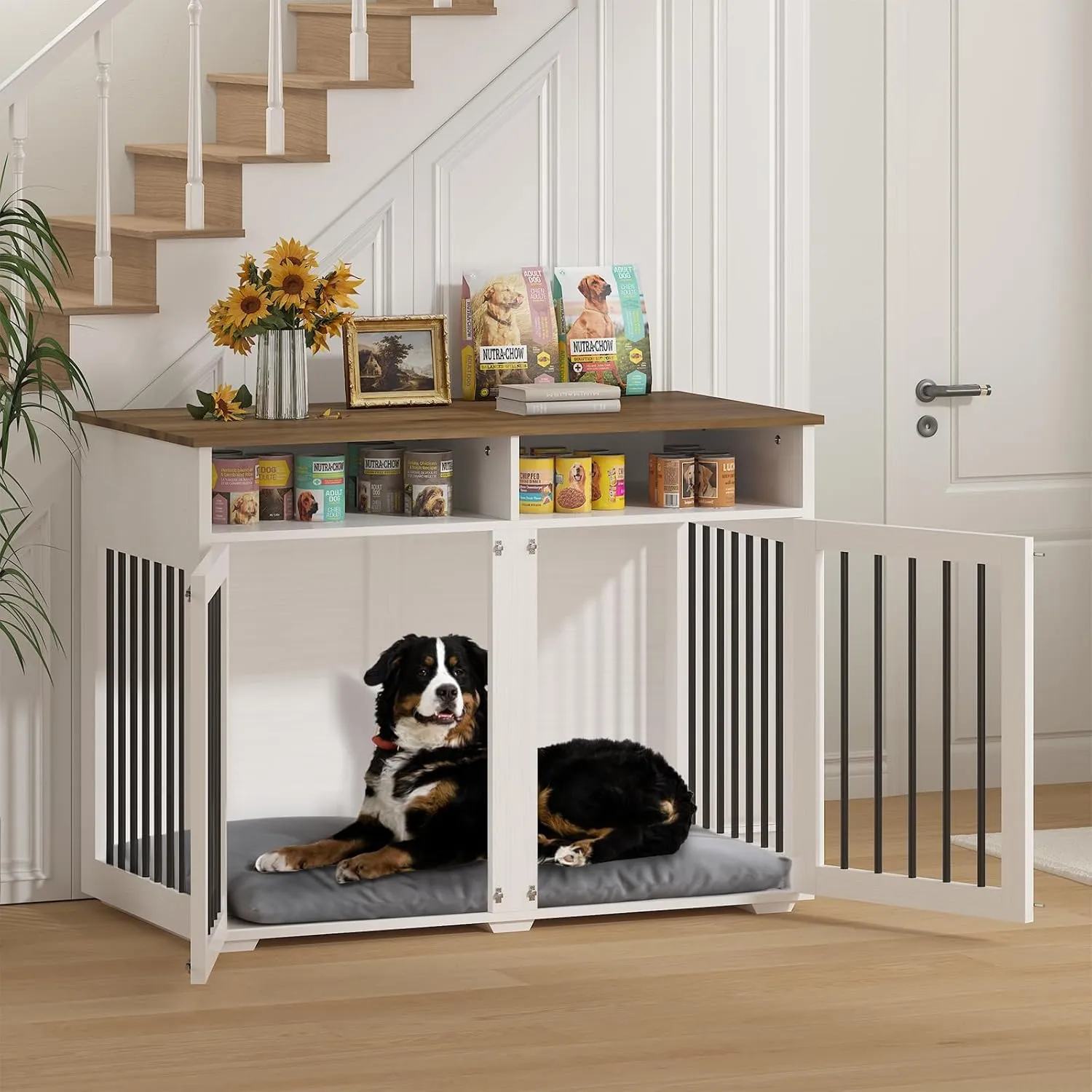 41 inch Dog Crate Furniture for 2 Dogs, Wooden Dog Cage with Storage Compartment, Indoor Dog Kennel with 2 Doors for Medium/Small Dogs, White