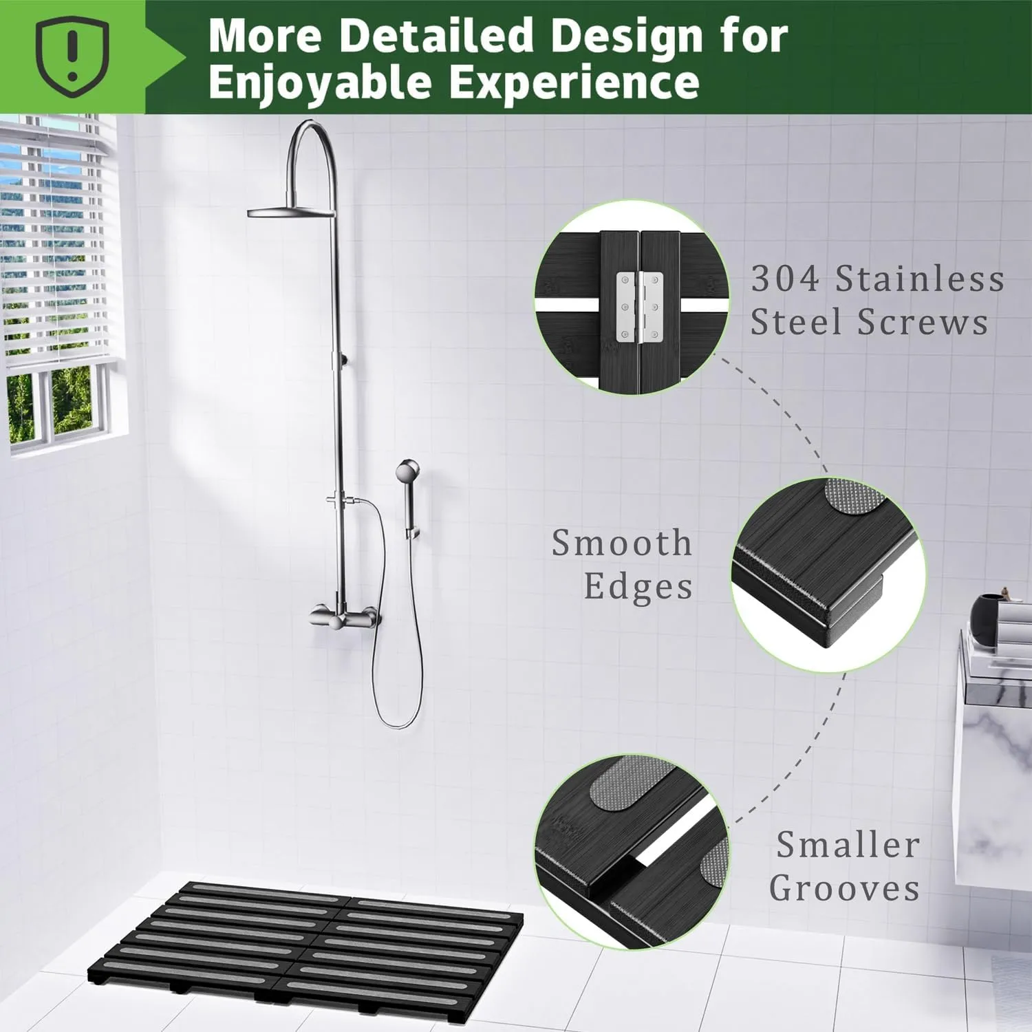 Bamboo Bath Mat for Shower, Dual Anti-Slip for Surface & Bottom, Waterproof Foldable Shower Mat, Easy to Carry and Storage, Perfect for Indoor Outdoor Black, 26.7716.141.14 Inches