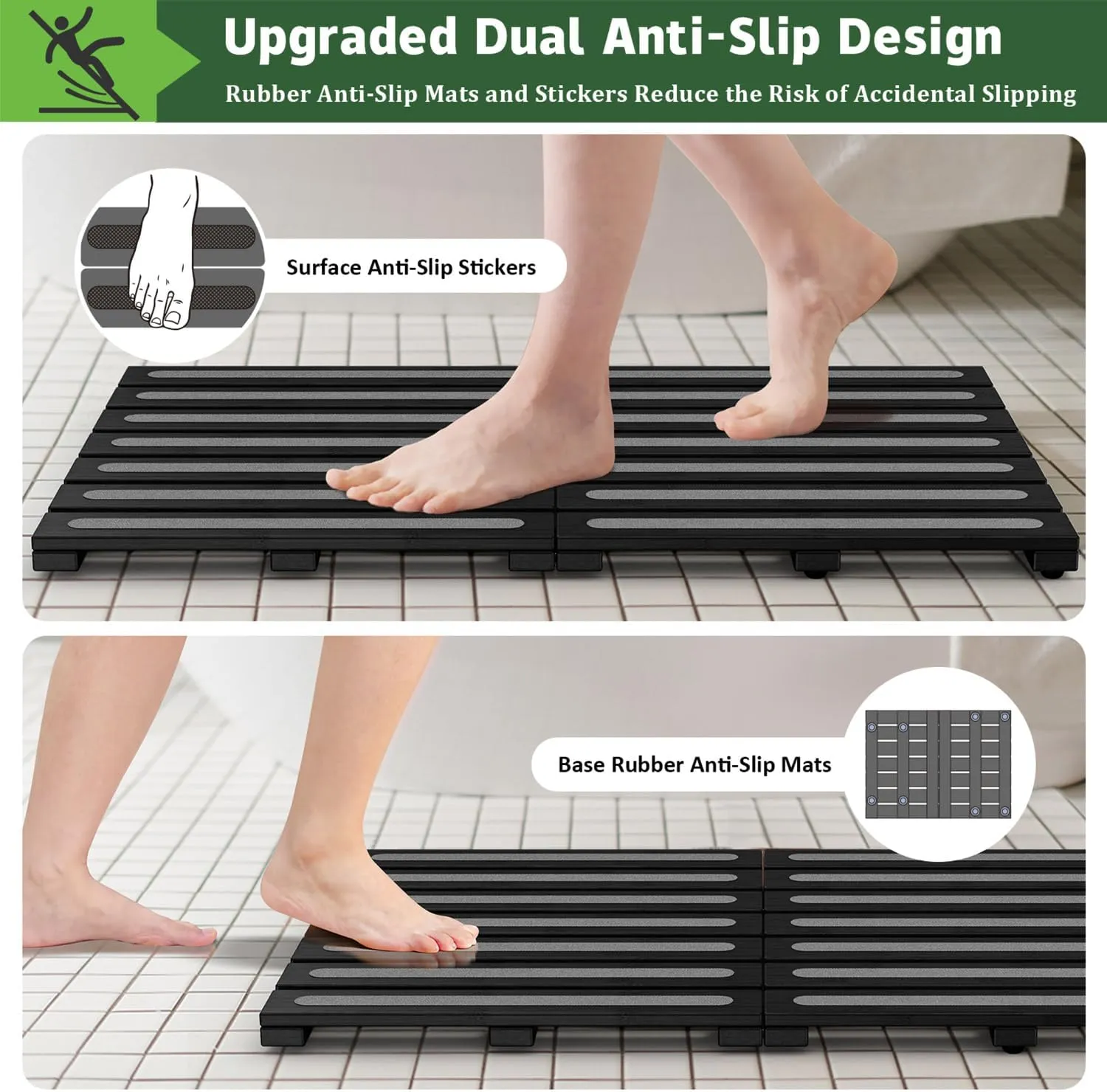 Bamboo Bath Mat for Shower, Dual Anti-Slip for Surface & Bottom, Waterproof Foldable Shower Mat, Easy to Carry and Storage, Perfect for Indoor Outdoor Black, 26.7716.141.14 Inches