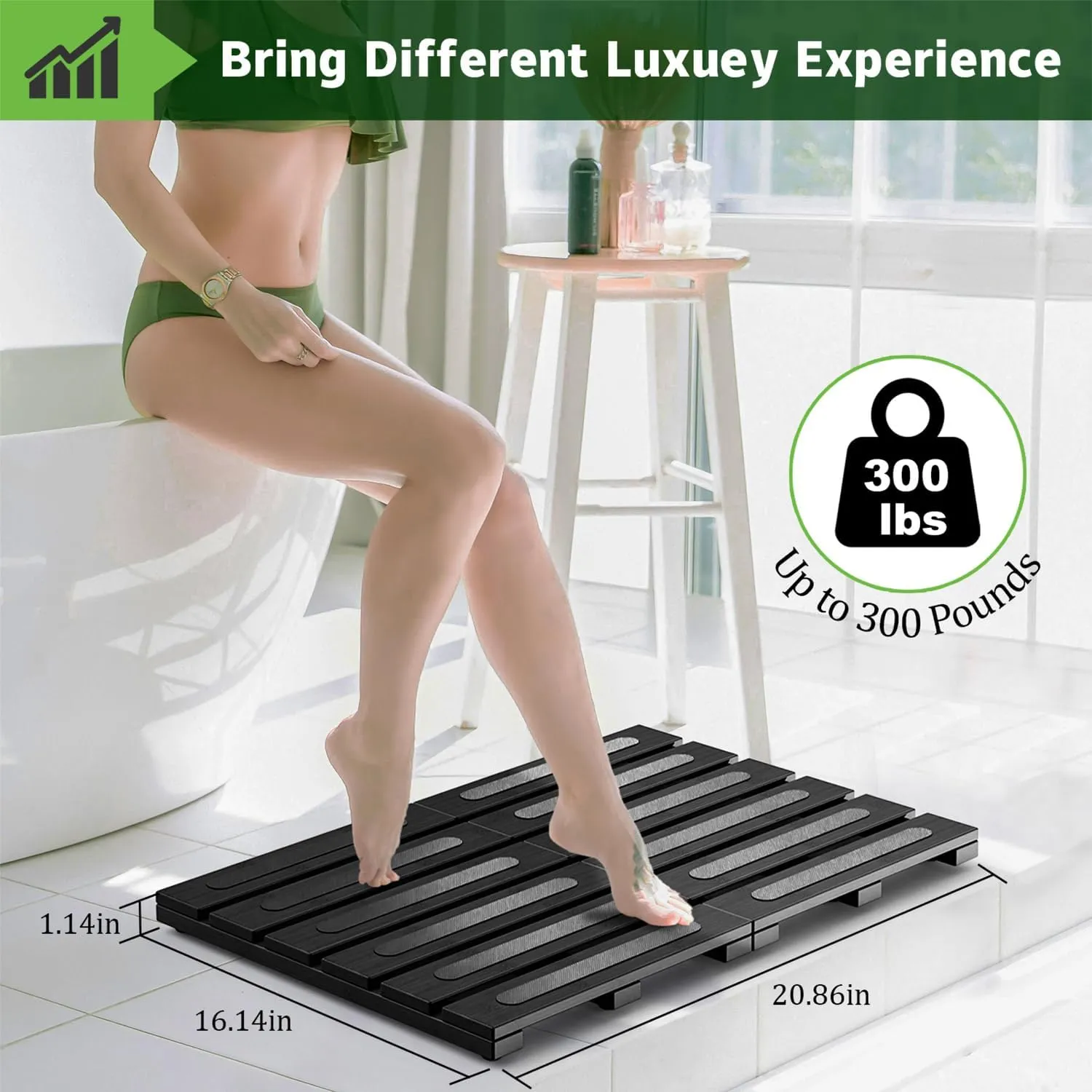 Bamboo Bath Mat for Shower, Dual Anti-Slip for Surface & Bottom, Waterproof Foldable Shower Mat, Easy to Carry and Storage, Perfect for Indoor Outdoor Black, 26.7716.141.14 Inches