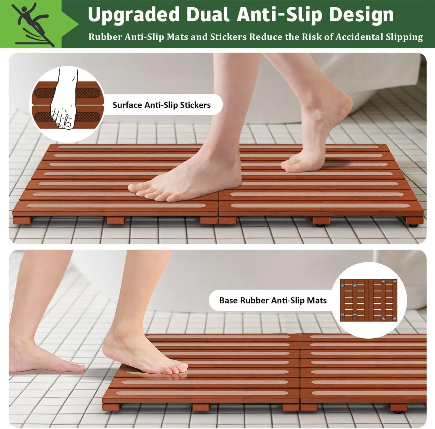 Bamboo Bath Mat for Shower, Dual Anti-Slip for Surface & Bottom, Waterproof Foldable Shower Mat, Easy to Carry and Storage, Perfect for Indoor Outdoor Brown, 26.7716.141.14 Inches
