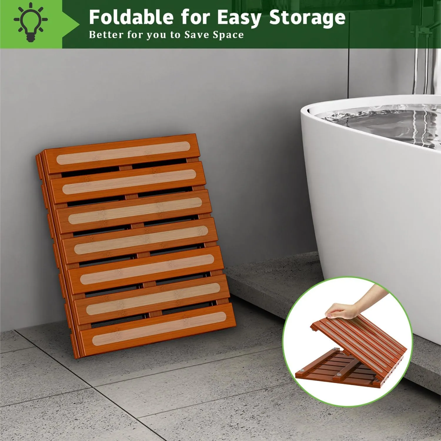 Bamboo Bath Mat for Shower, Dual Anti-Slip for Surface & Bottom, Waterproof Foldable Shower Mat, Easy to Carry and Storage, Perfect for Indoor Outdoor Brown, 26.7716.141.14 Inches