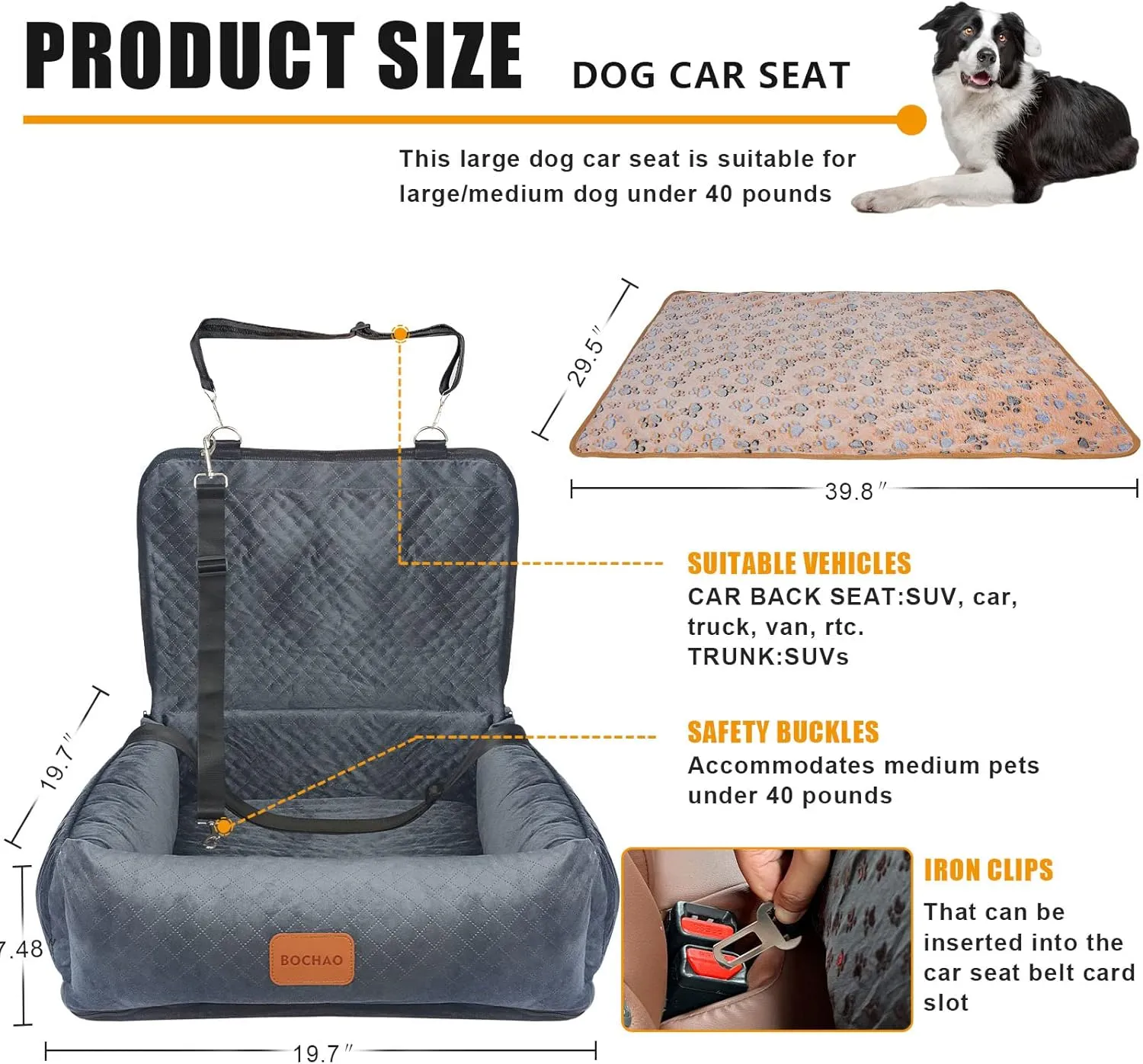 Car Seat for Medium and Small Dogs - Pet Booster Travel Bed, Multi-Function Sofa Cushion With Blanket, Comfortable Safe Removable and Washable, Fits Cars/Trucks/SUV