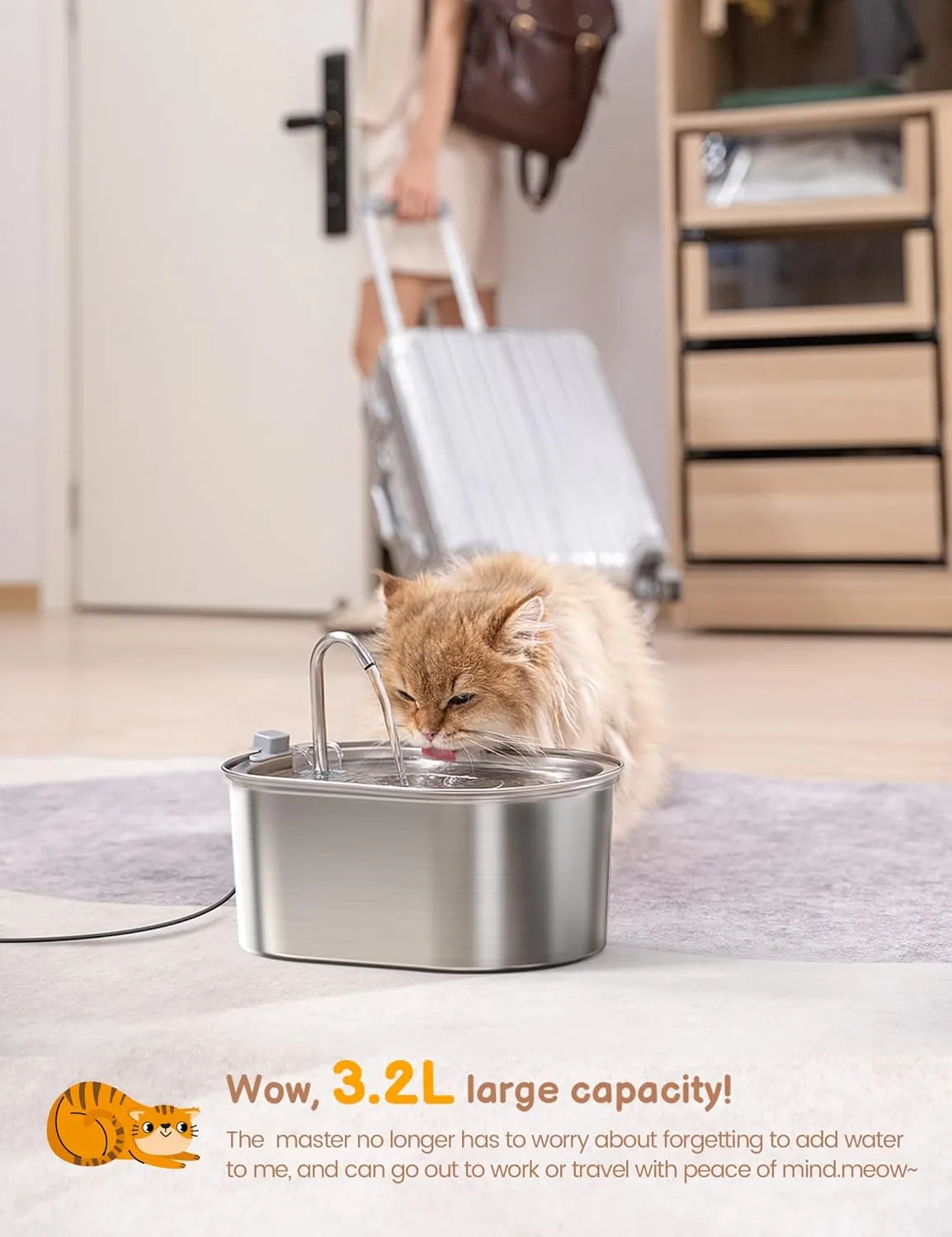 Cat Water Fountain Stainless Steel: 108oz/3.2L Pet Fountain with Filters for Cats Inside - Cat Fountains for Drinking - Automatic Dog Water Dispenser Bowl - Cat Feeding & Watering Supplies