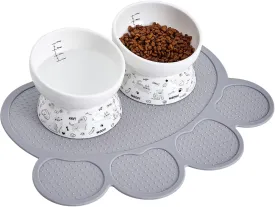 Ceramic Raised Cat Bowl Set | Elevated Food and Water Bowls for Cats and Small Dogs | 2 Pack Tilted With Anti-Slip Silicone Mat (Gray)