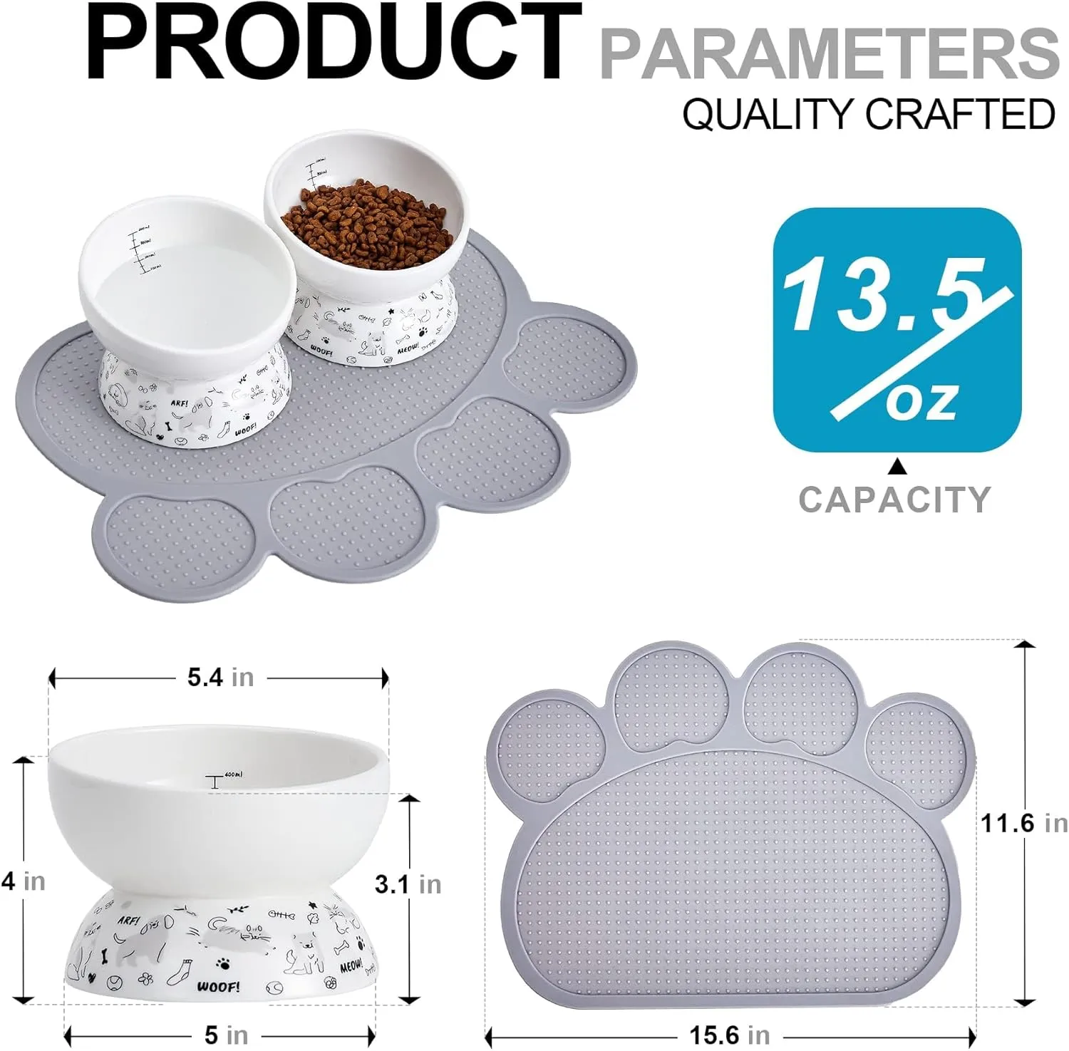 Ceramic Raised Cat Bowl Set | Elevated Food and Water Bowls for Cats and Small Dogs | 2 Pack Tilted With Anti-Slip Silicone Mat (Gray)