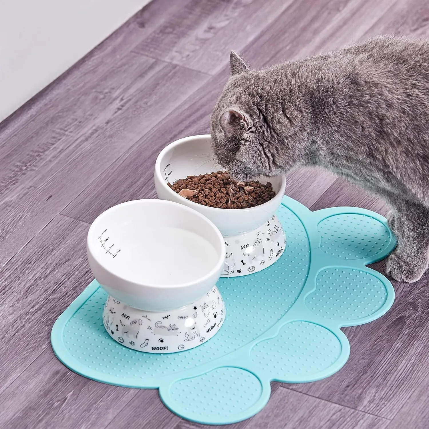Ceramic Raised Cat Bowl Set | Elevated Food and Water Bowls for Cats and Small Dogs | 2 Pack Tilted With Anti-Slip Silicone Mat (Gray)