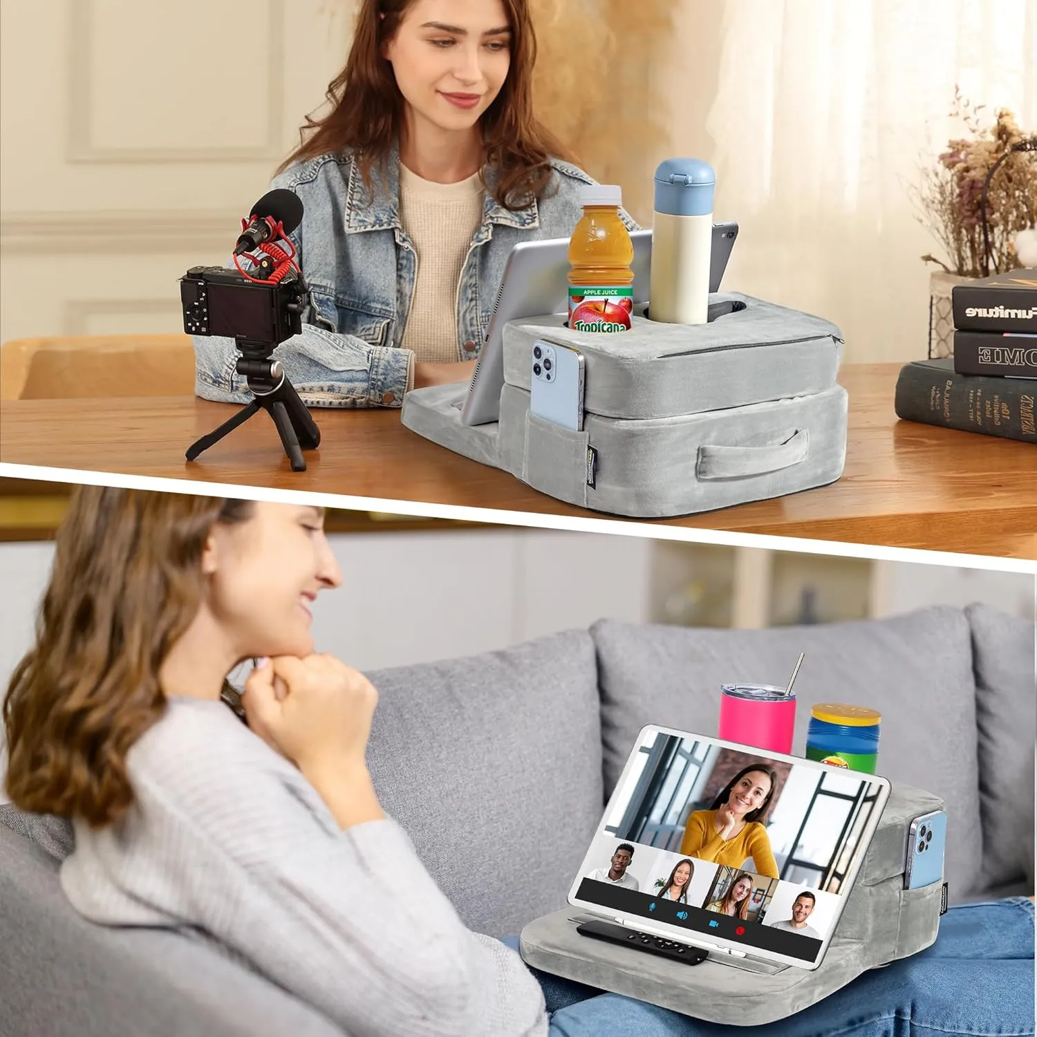 Couch Cup Holder Tray Pillow - Bed, Couch Caddy, Sofa, RV & Car - Holds Drinks, Snacks, Remotes, Phones, Kindle, Tablet | Bed Cup Holder (Grey)
