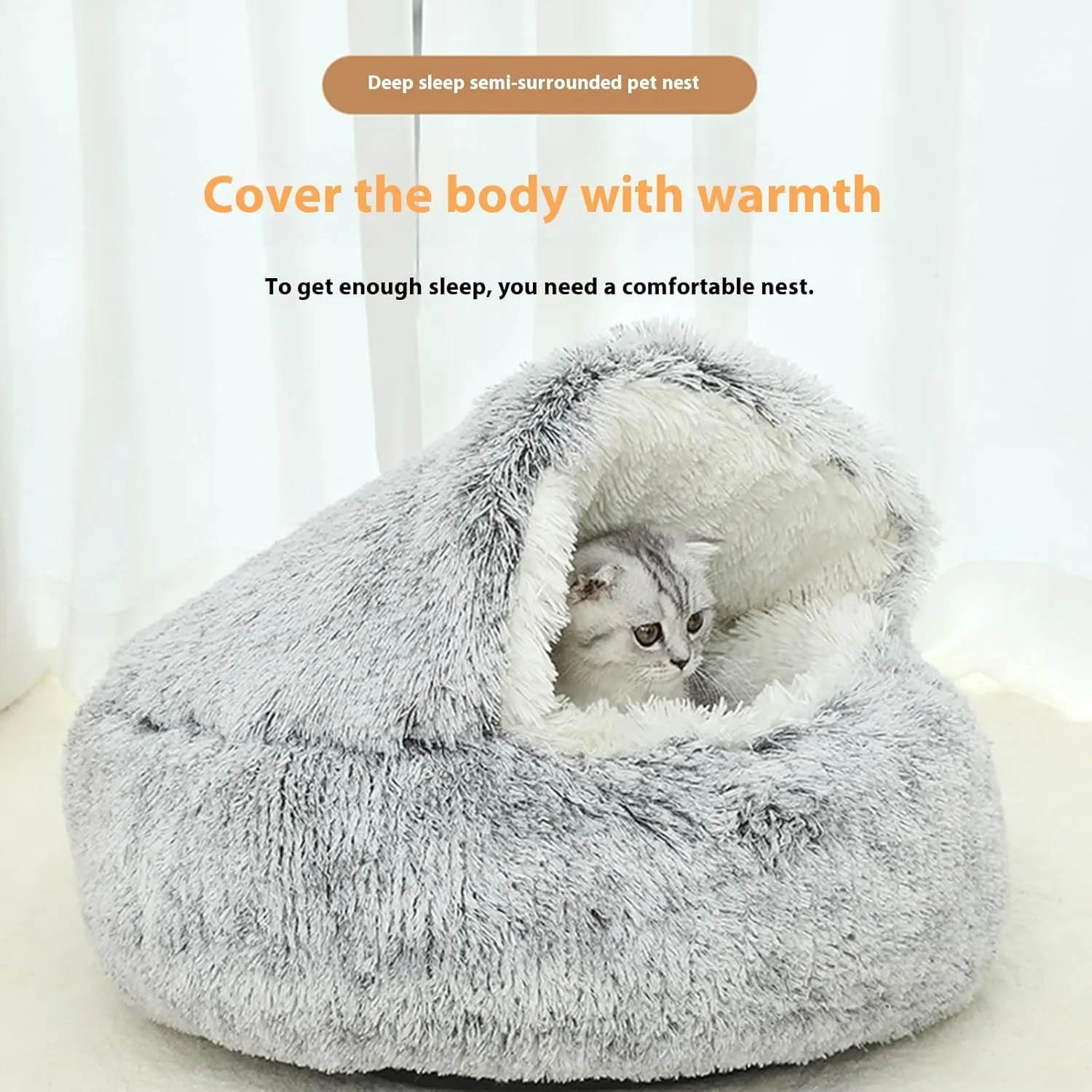 Cozy Cocoon Pet Bed, Cat Bed Round Plush Fluffy Hooded Calming Cat Bed Cave,Self Warming pet Bed with Non-collapsed Cover for Indoor Cats or Small Dogs,Washable,Winter Paw Nest Dog Cat Bed.