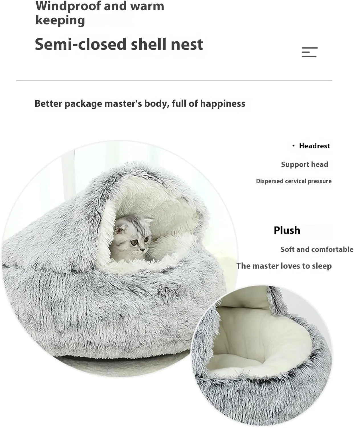 Cozy Cocoon Pet Bed, Cat Bed Round Plush Fluffy Hooded Calming Cat Bed Cave,Self Warming pet Bed with Non-collapsed Cover for Indoor Cats or Small Dogs,Washable,Winter Paw Nest Dog Cat Bed.
