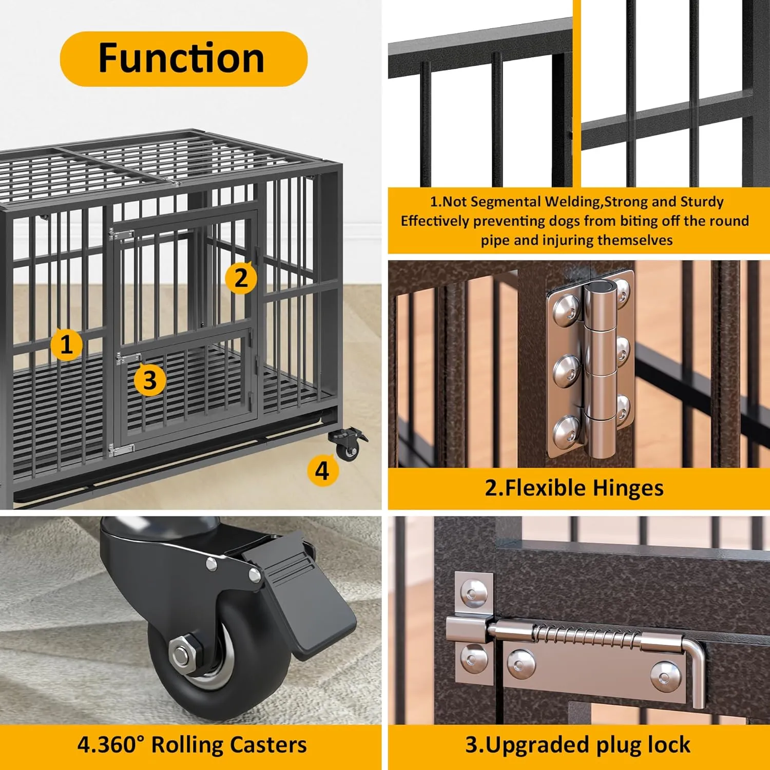 DAKITO 43/38 inch Heavy Duty Dog Crate, Folding Dog Kennel No Assembly, Escape Proof Large Dog Cage Kennel with Lockable Wheels, High Anxiety Pet Playpen with Double Door Indoor/Outdoor.(43In)