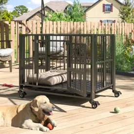 DAKITO 43/38 inch Heavy Duty Dog Crate, Folding Dog Kennel No Assembly, Escape Proof Large Dog Cage Kennel with Lockable Wheels, High Anxiety Pet Playpen with Double Door Indoor/Outdoor.(43In)
