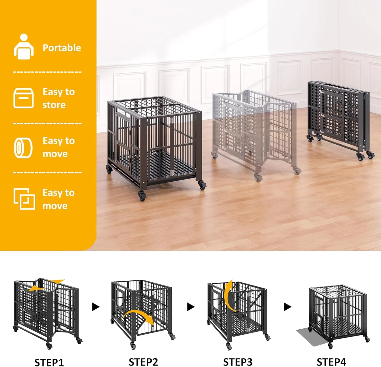 DAKITO 43/38 inch Heavy Duty Dog Crate, Folding Dog Kennel No Assembly, Escape Proof Large Dog Cage Kennel with Lockable Wheels, High Anxiety Pet Playpen with Double Door Indoor/Outdoor.(43In)