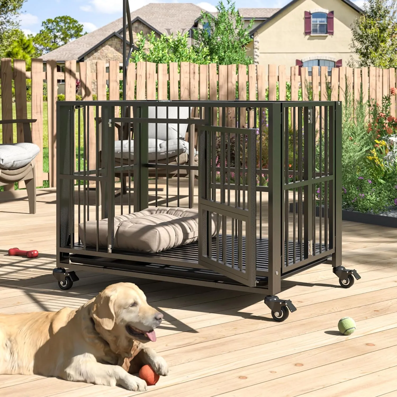 DAKITO 43/38 inch Heavy Duty Dog Crate, Folding Dog Kennel No Assembly, Escape Proof Large Dog Cage Kennel with Lockable Wheels, High Anxiety Pet Playpen with Double Door Indoor/Outdoor.(43In)