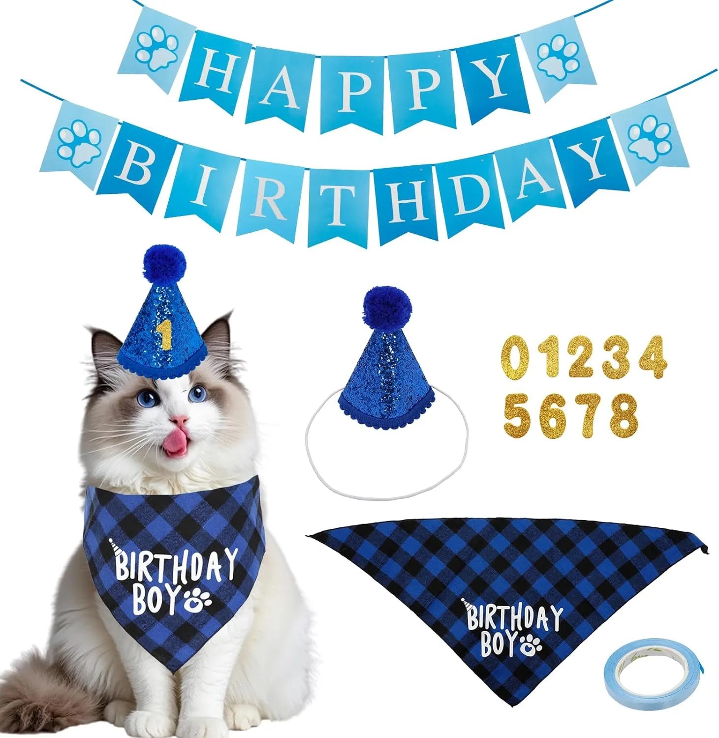 Dog Birthday Party Supplies, Dog Birthday Bandana Set with Boy Girl Birthday Party Hat and Numbers for Large Medium Small Dogs (Blue)