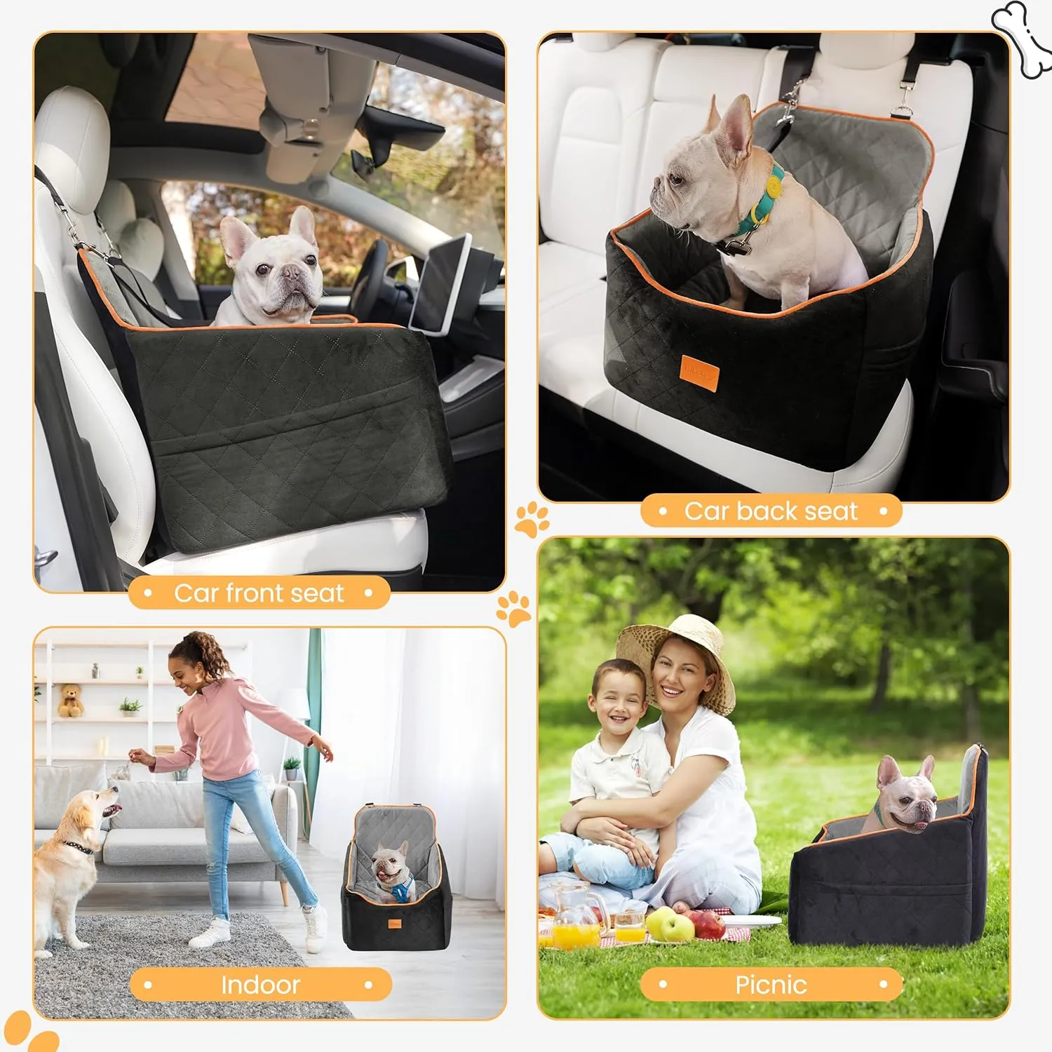 Dog Car Seat for Small Dog, Booster Seat for Dogs Under 30lb, Elevated Pet Seat with Pockets, Anti-Slip Bed for Car, Perfect for Front & Back Seats with Safety Leash (Black/Grey, Medium)