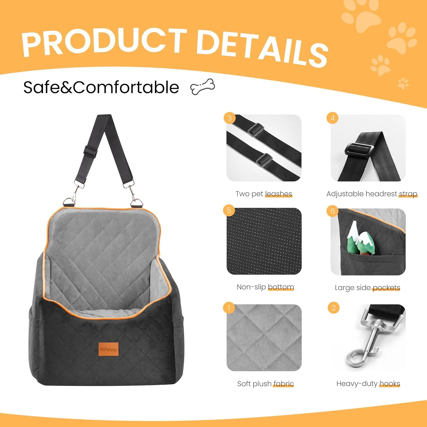 Dog Car Seat for Small Dog, Booster Seat for Dogs Under 30lb, Elevated Pet Seat with Pockets, Anti-Slip Bed for Car, Perfect for Front & Back Seats with Safety Leash (Black/Grey, Medium)