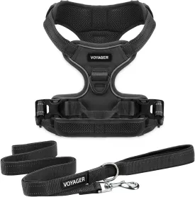 Dog Harness Dual Leash Attachment No-Pull Control Adjustable Soft but Strong Pet Harness for Medium and Large Dogs with 3M Reflective Technology - Harness Leash Set (Black), S