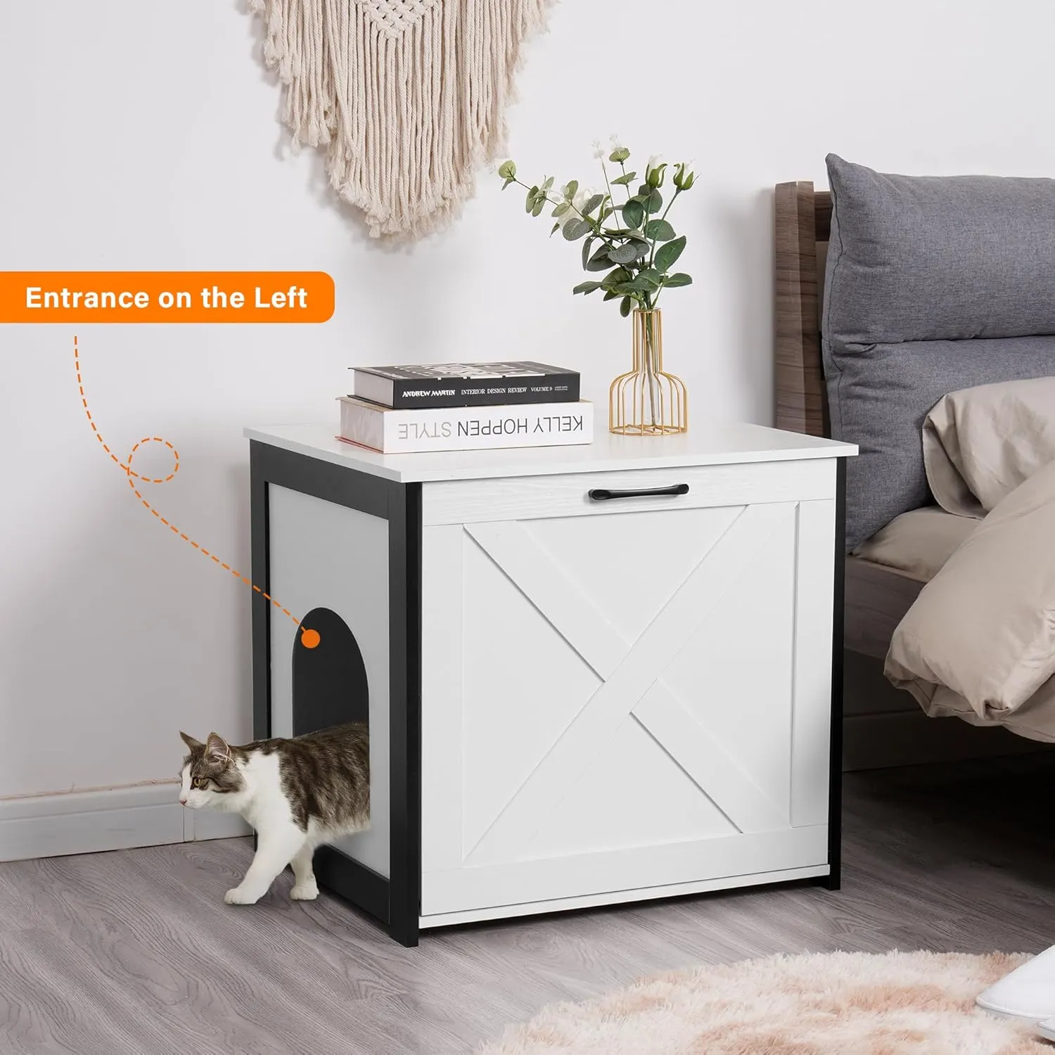 Dwanton Cat Litter Box Furniture Hidden, Cat Litter Box Enclosure, Reversible Entrance Can Be on Left or Right Side, Indoor Cabinet, Wooden Washroom, End Table, Nightstand, White, 23.6" L