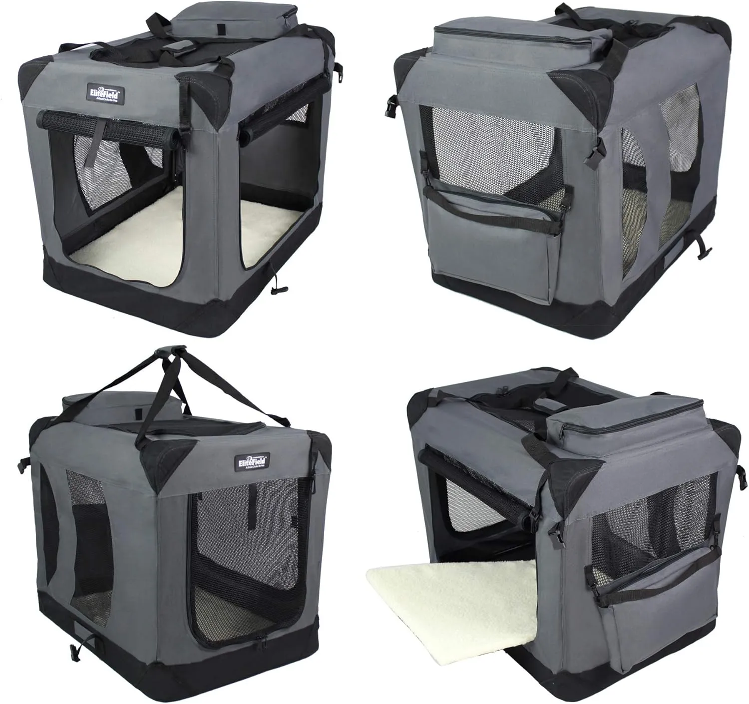 EliteField 3-Door Folding Soft Dog Crate with Carrying Bag and Fleece Bed (2 Year Warranty), Indoor & Outdoor Pet Home (30" L x 21" W x 24" H, Gray)