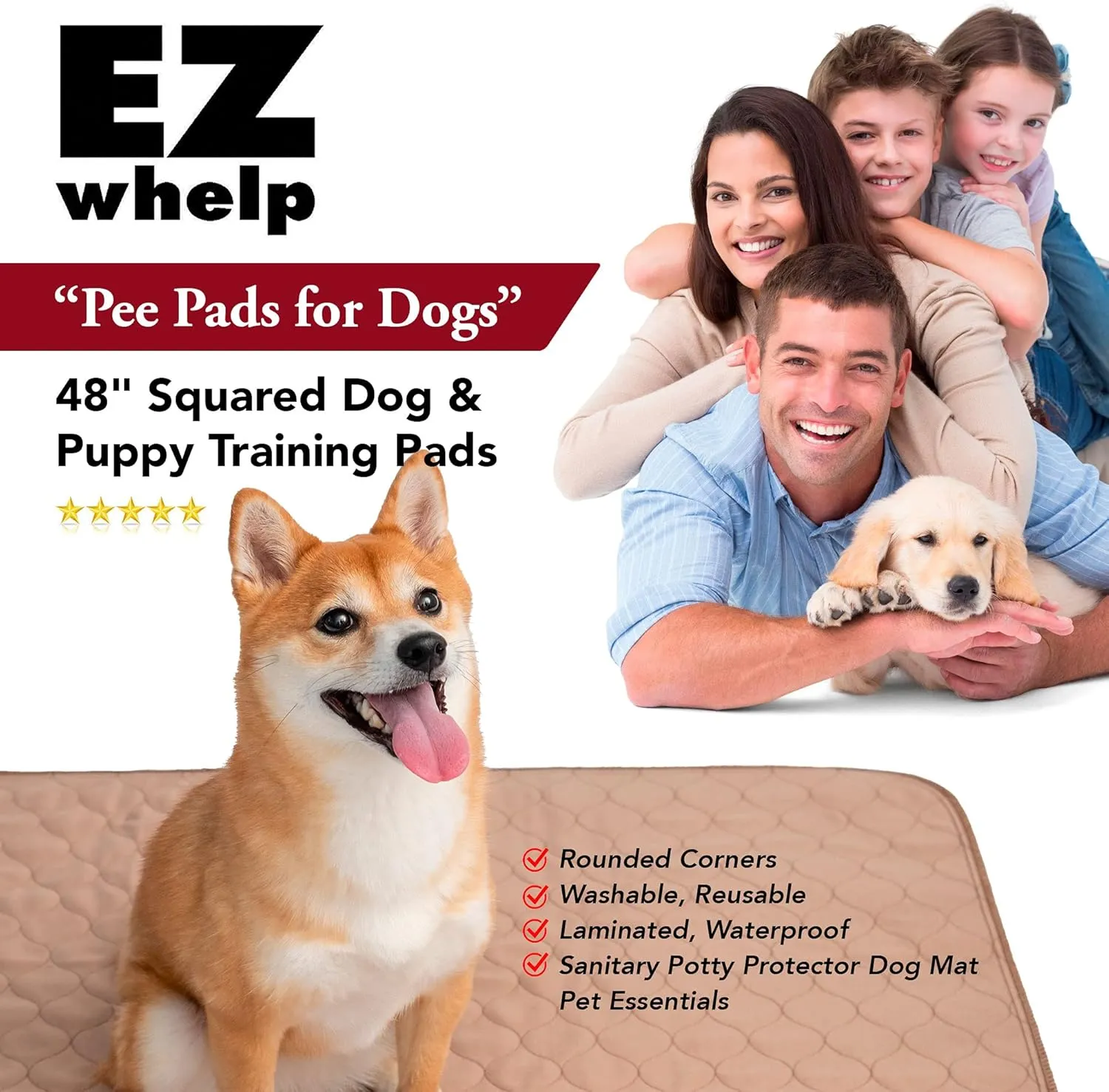 EZwhelp Reusable Dog Pee Pads - Waterproof Training Pads for Dogs - Washable & Sanitary - Rounded Corners - Laminated, Lightweight, Durable - Pet Essentials for Puppy Training and Whelping - 72" x 72"