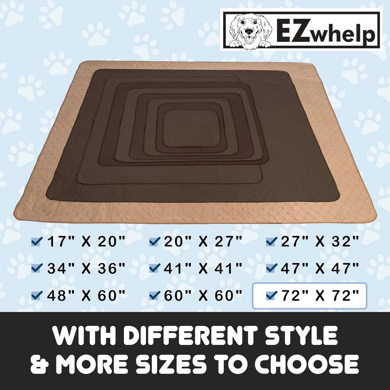 EZwhelp Reusable Dog Pee Pads - Waterproof Training Pads for Dogs - Washable & Sanitary - Rounded Corners - Laminated, Lightweight, Durable - Pet Essentials for Puppy Training and Whelping - 72" x 72"