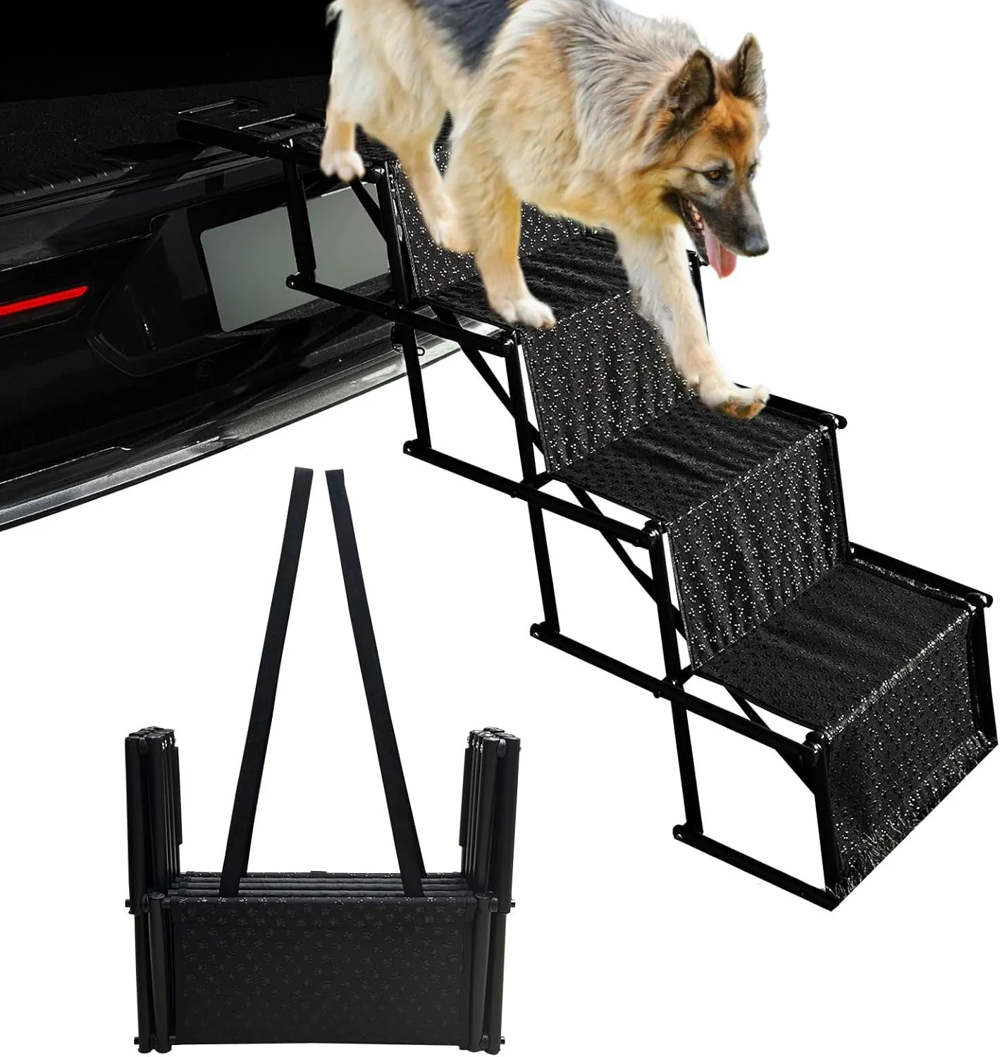 Foldable Dog Car Ramps for Large Dogs, Portable Dog Steps for Car Truck SUV with Non-Slip Rug Surface, Extra Wide Pet Stair for SUV, Truck