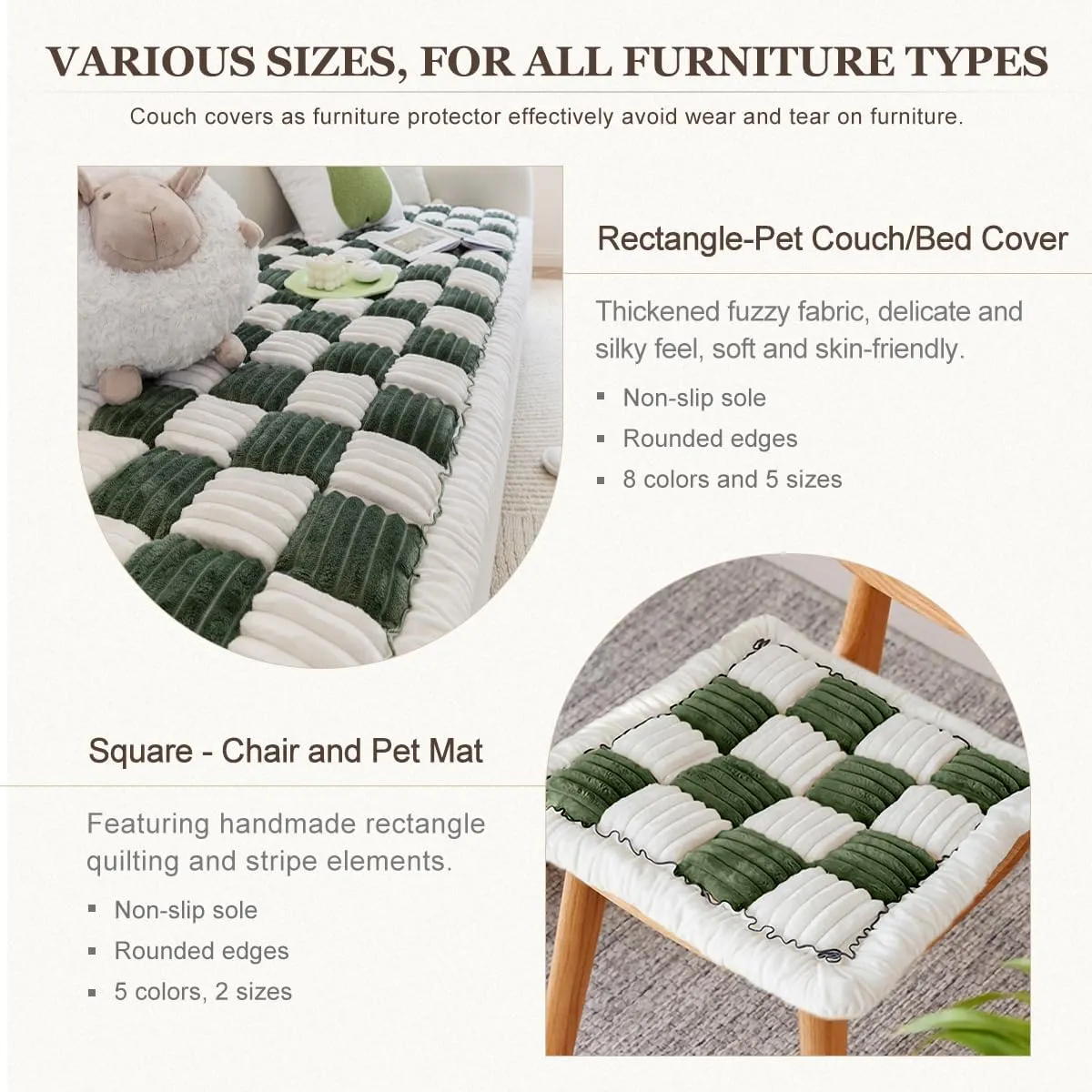 Fuzzy Warm Couch Cover Cream-Coloured Large Plaid Square Sofa Cover Anti-Slip Couch Protector for Dogs Cats Pet Hair Resistant Washable Cotton Magic Pet Mat (Plush-Dark green-28x83inch)