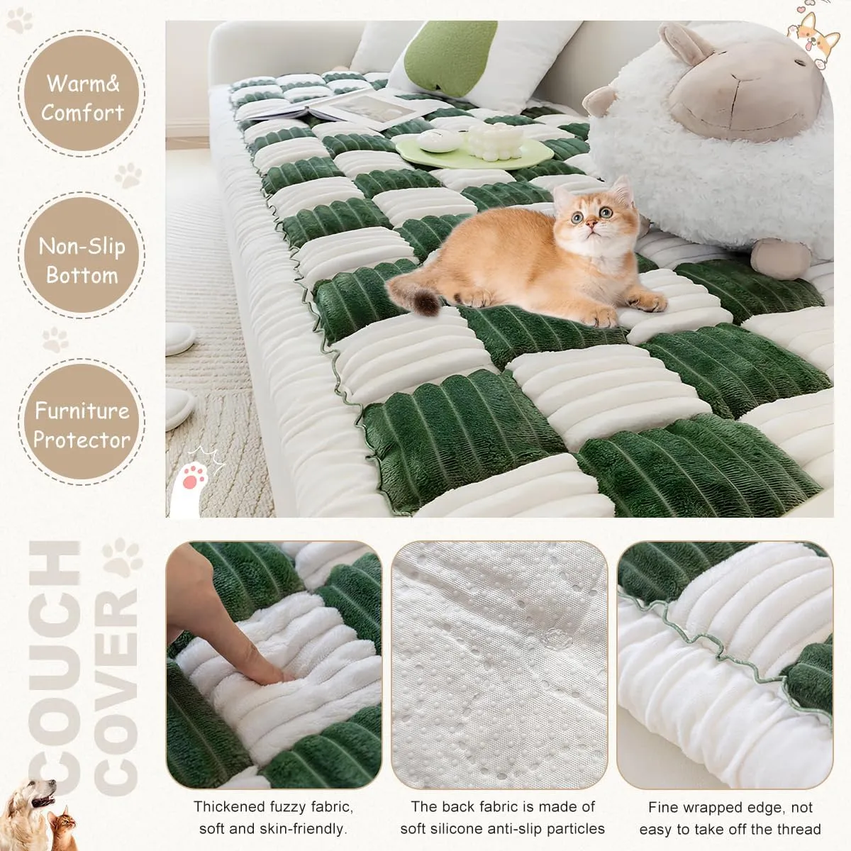 Fuzzy Warm Couch Cover Cream-Coloured Large Plaid Square Sofa Cover Anti-Slip Couch Protector for Dogs Cats Pet Hair Resistant Washable Cotton Magic Pet Mat (Plush-Dark green-28x83inch)