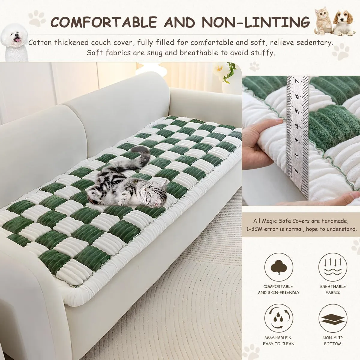 Fuzzy Warm Couch Cover Cream-Coloured Large Plaid Square Sofa Cover Anti-Slip Couch Protector for Dogs Cats Pet Hair Resistant Washable Cotton Magic Pet Mat (Plush-Dark green-28x83inch)
