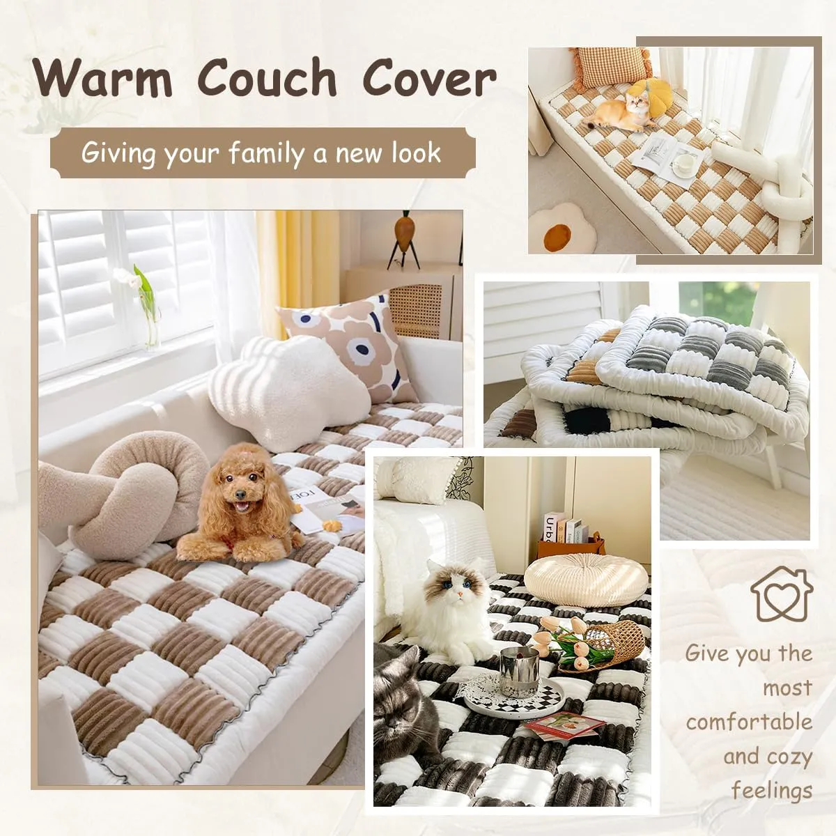 Fuzzy Warm Couch Cover Cream-Coloured Large Plaid Square Sofa Cover Anti-Slip Couch Protector for Dogs Cats Pet Hair Resistant Washable Cotton Magic Pet Mat (Plush-Dark green-28x83inch)