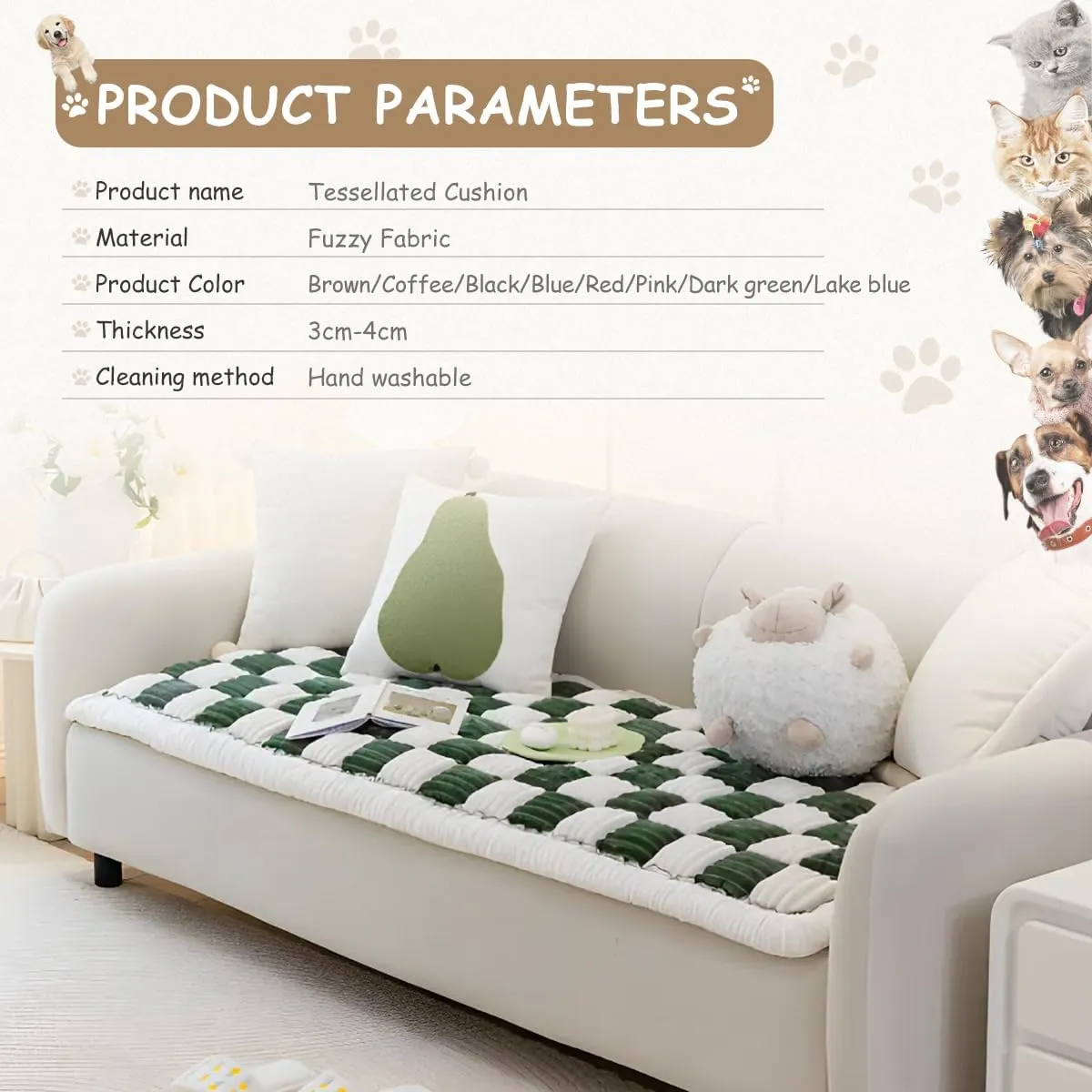 Fuzzy Warm Couch Cover Cream-Coloured Large Plaid Square Sofa Cover Anti-Slip Couch Protector for Dogs Cats Pet Hair Resistant Washable Cotton Magic Pet Mat (Plush-Dark green-28x83inch)
