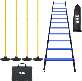 GHB Agility Ladder 1 Pack and Pack of 4 Agility Poles Set with 2 Carrying Bag