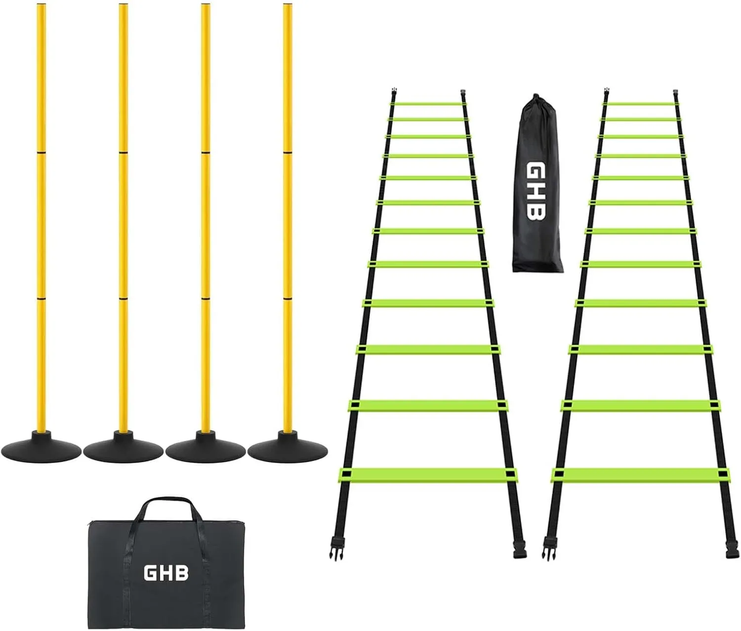 GHB Pro Agility Ladder 2 Pack and Pack of 4 Agility Poles Set with Carrying Bag