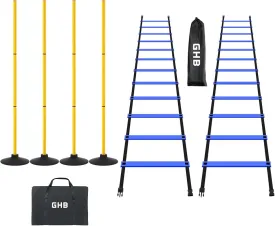 GHB Pro Agility Ladder 2 Pack and Pack of 4 Agility Poles Set with Carrying Bag