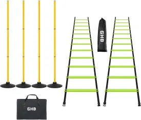 GHB Pro Agility Ladder 2 Pack and Pack of 4 Agility Poles Set with Carrying Bag