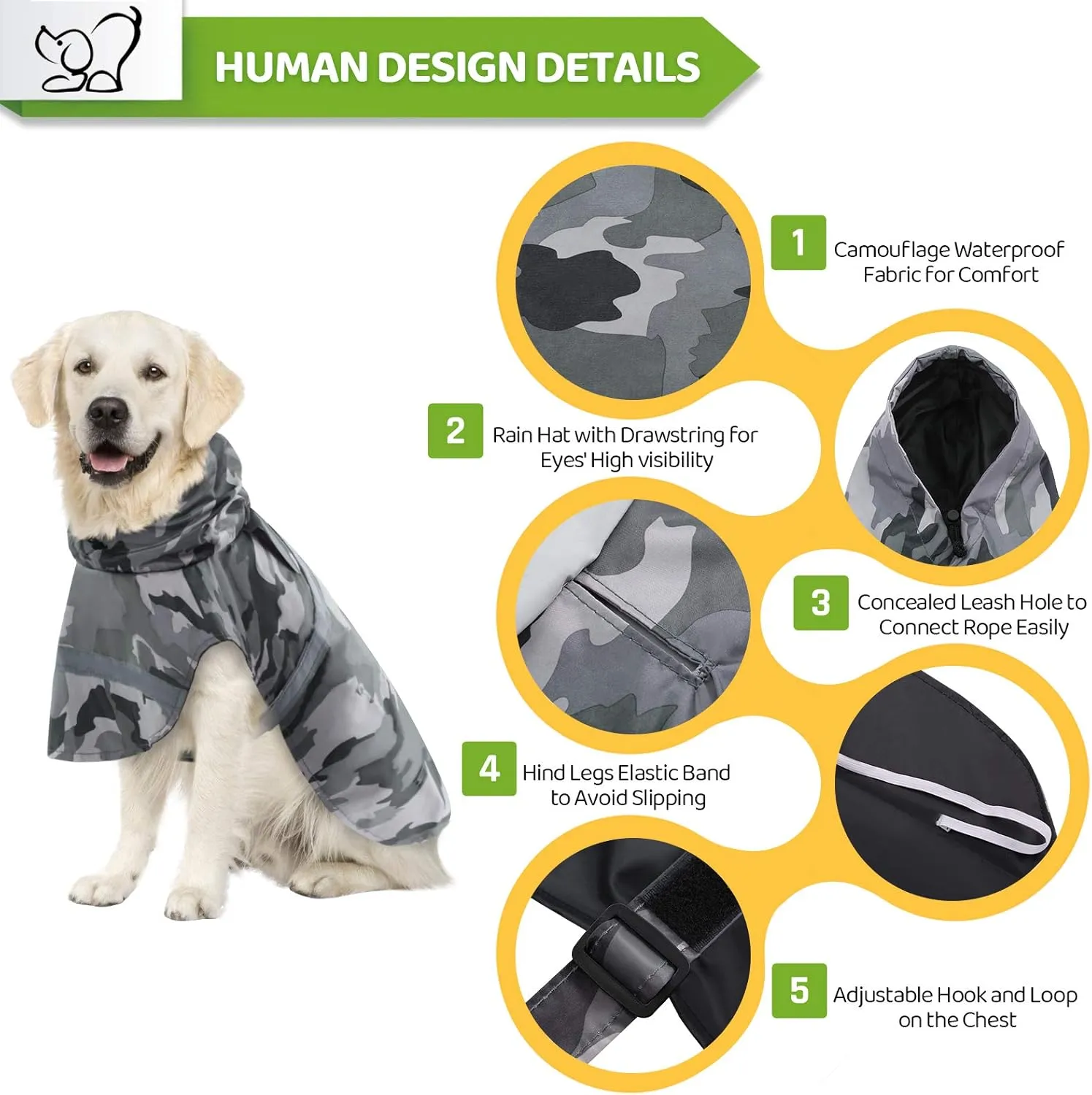 KOESON Dog Raincoat Waterproof Pet Rain Jacket, Reflective Adjustable Dog Rain Poncho Slicker with Leash Hole, Camouflage Lightweight Rainproof Hoodie Clothes for Medium Large Dogs Grey L