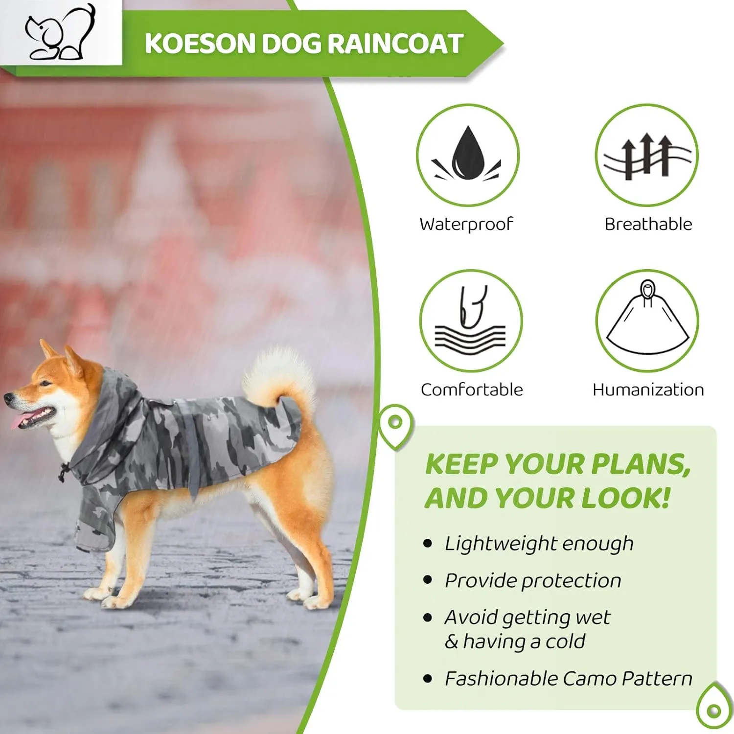 KOESON Dog Raincoat Waterproof Pet Rain Jacket, Reflective Adjustable Dog Rain Poncho Slicker with Leash Hole, Camouflage Lightweight Rainproof Hoodie Clothes for Medium Large Dogs Grey L