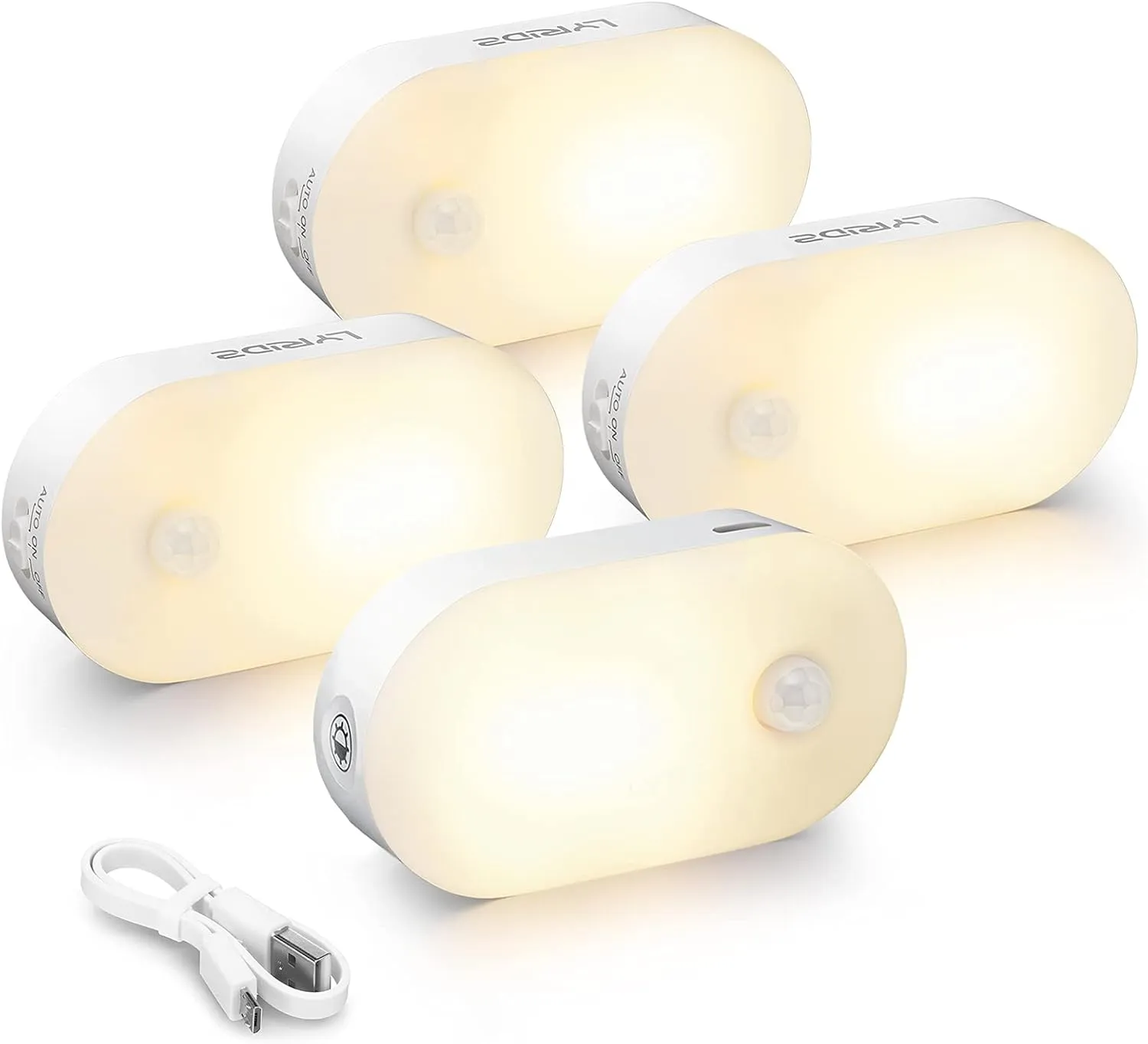 Lyridz Rechargeable Night Light, Stick on Anywhere Motion Sensor Nightlight Warm White 1-20LM LED Light with Dusk to Dawn, Stepless Adjustable Brightness for Bedroom, Kitchen, Stairs, Hallway, 4-Pack