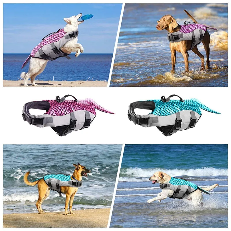 Mermaid Dog Life Jacket: Adjustable Floatation Pet Vest for Swimming, Boating, Pool, Beach, and Puppy Swimsuit with Handle - Ripstop Material